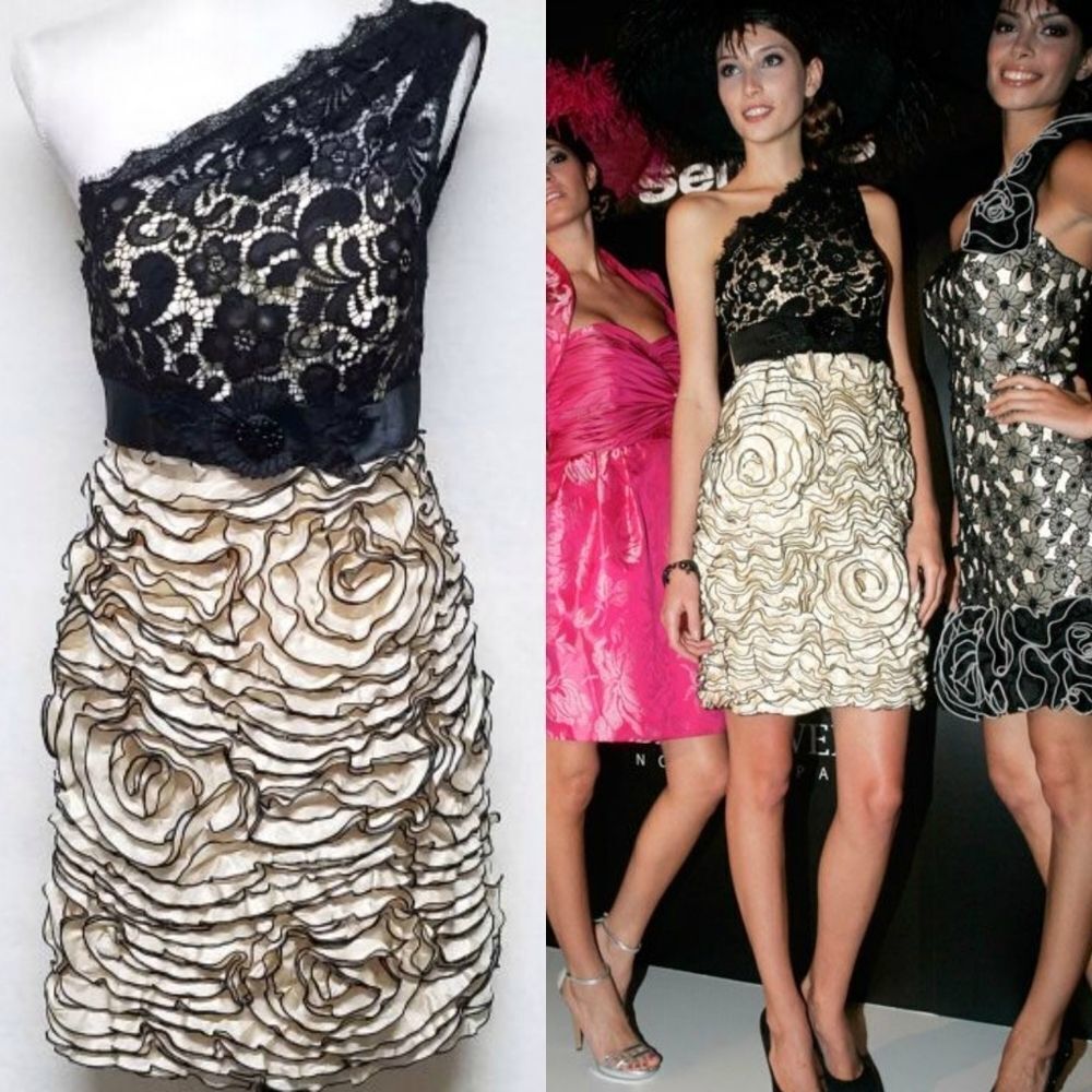 Sonia Pena Runway Black Cream Lace Floral Ruffle One Shoulder Mini Dress 6